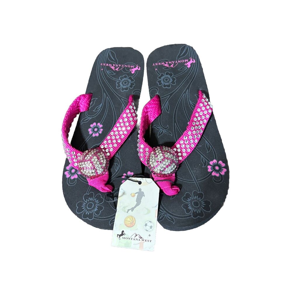 Montana West Bejeweled Volleyball Flip Flop Pink Sandals Bling Rhinestone SZ 6